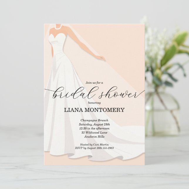 Invitación Elegant Wedding Dress Peach Bridal Shower (Anverso de pie)