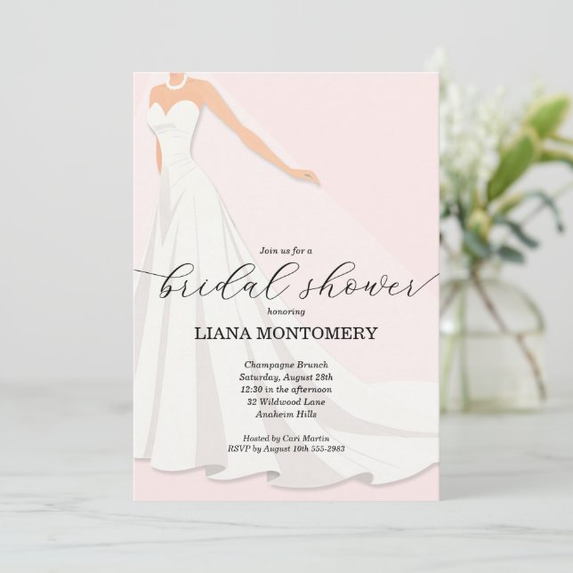 Invitación Elegant Wedding Dress Pink Bridal Shower (Anverso de pie)