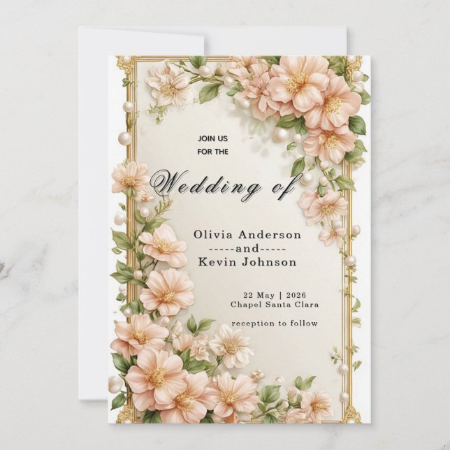 Invitación Elegant Wedding Flora Frame With Soft Pink Flowers (Anverso)