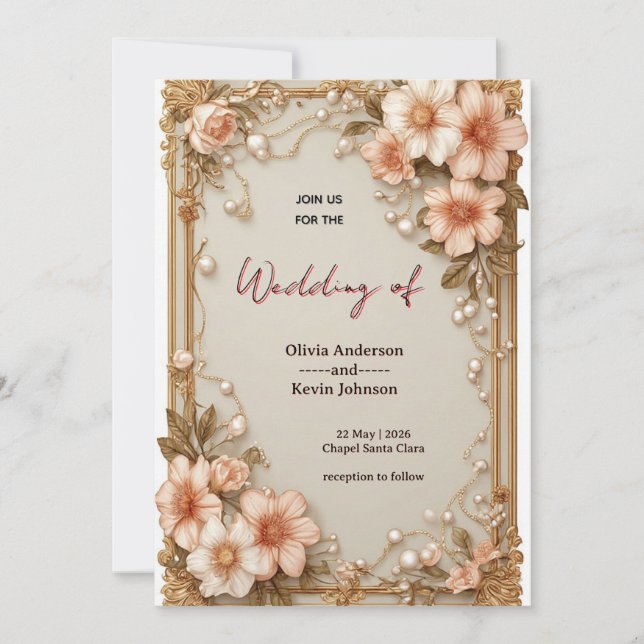 Invitación Elegant Wedding Flora Frame With Soft Pink Flowers (Anverso)