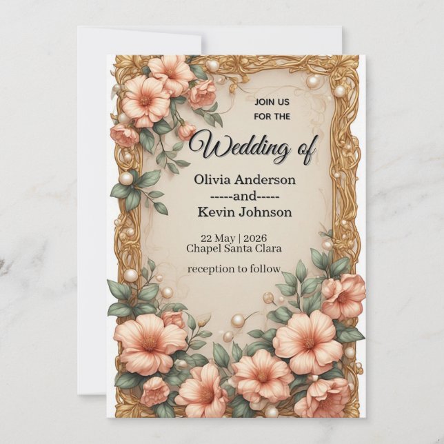 Invitación Elegant Wedding Flora Frame With Soft Pink Flowers (Anverso)