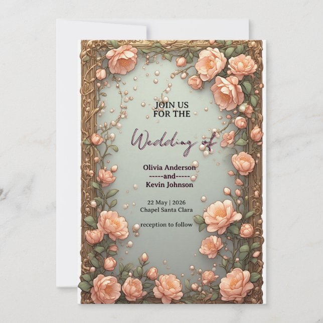 Invitación Elegant Wedding Flora Frame With Soft Pink Flowers (Anverso)