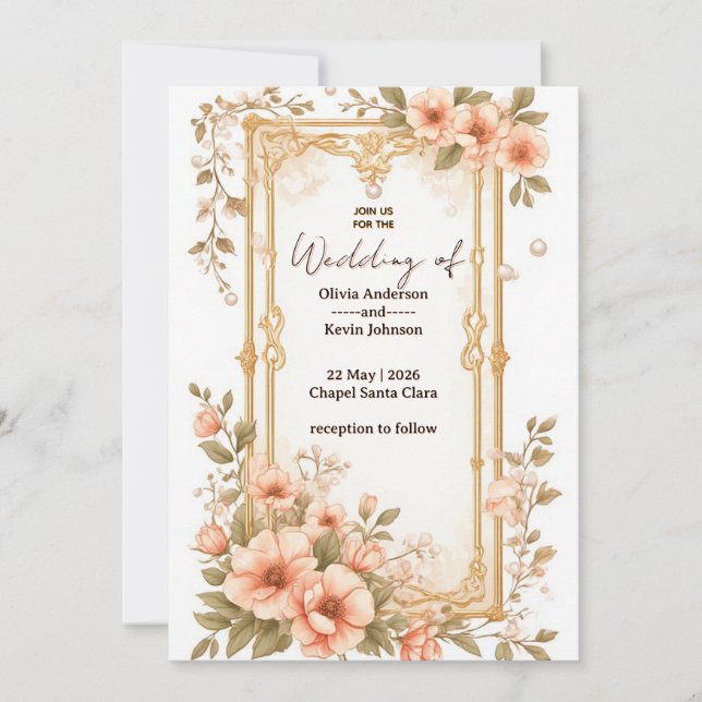 Invitación Elegant Wedding Gold Frame With Soft Pink Flowers (Anverso)