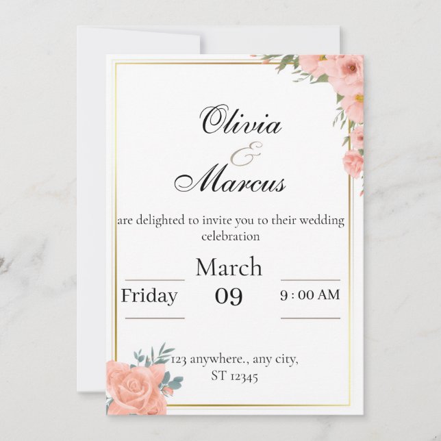Invitación Elegant wedding invitation with  gold frame  (Anverso)