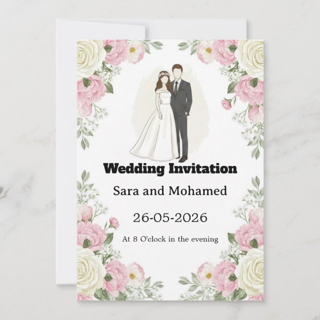 Invitación  Elegant Wedding Invitation with White Roses & Car (Anverso)