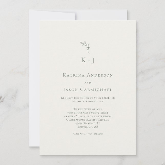 Invitación Elegant Wedding Minimal Sage Green Monogram (Anverso)