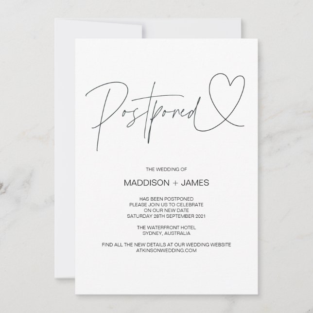 Invitación Elegant Wedding Postponed Notes Cambiar la fecha (Anverso)