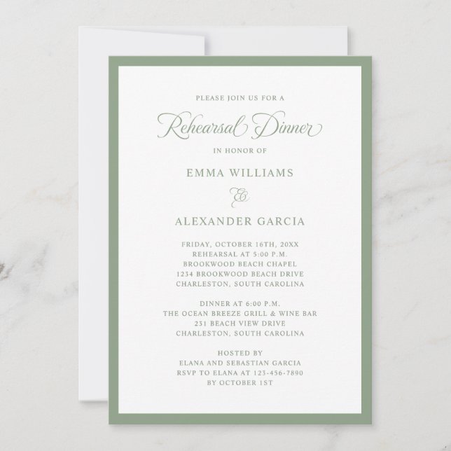 Invitación Elegant Wedding Rehearsal Dinner Sage Green (Anverso)