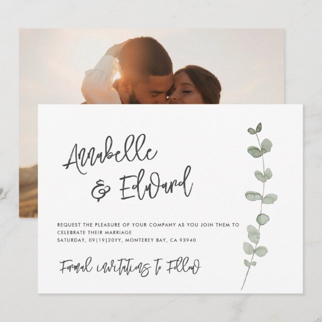 Invitación Elegant Wedding salva la foto del eucalipto de fec (Anverso / Reverso)