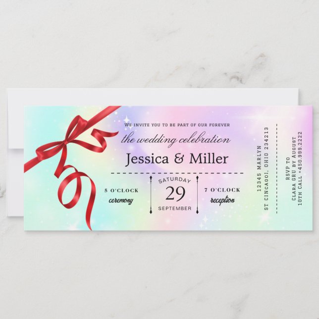 Invitación Elegant Wedding Ticket Invitation with Red Ribbon (Anverso)