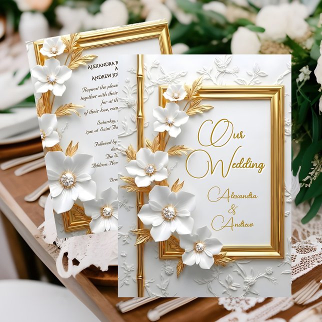 Invitación Elegant Wedding White Embossed Gold Diamond Floral (Subido por el creador)