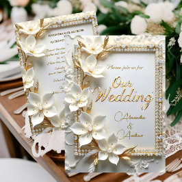 Invitación Elegant Wedding White Embossed Gold Diamond Flower