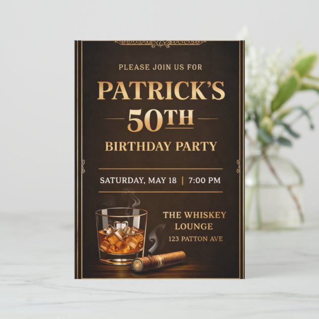 Invitación Elegant Whiskey Theme Party Invite, Black & Gold  (Anverso de pie)