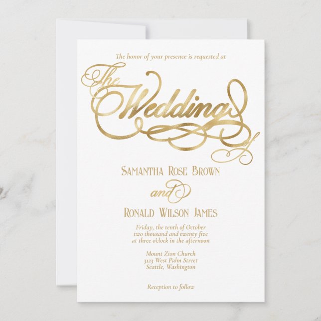 Invitación Elegant White and Faux Gold Calligraphy Wedding (Anverso)