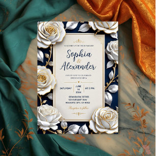 Invitación Elegant White and Gold Rose on Navy Blue 