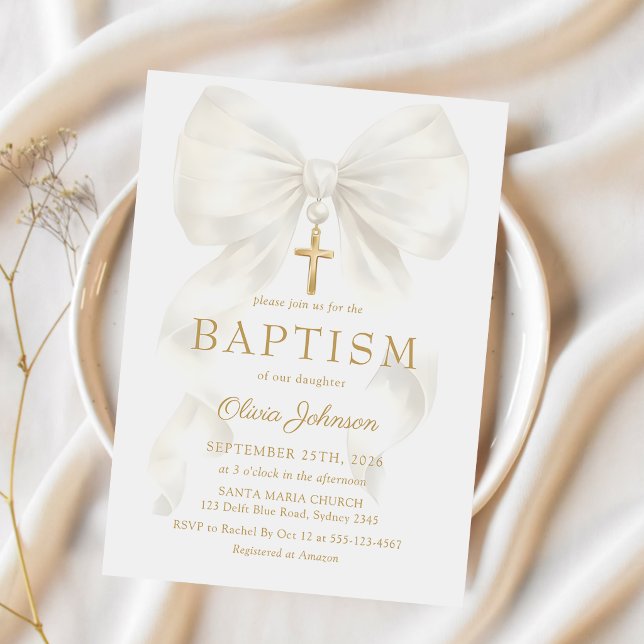 Invitación Elegant White Bow Baptism Girl Invitation (Subido por el creador)