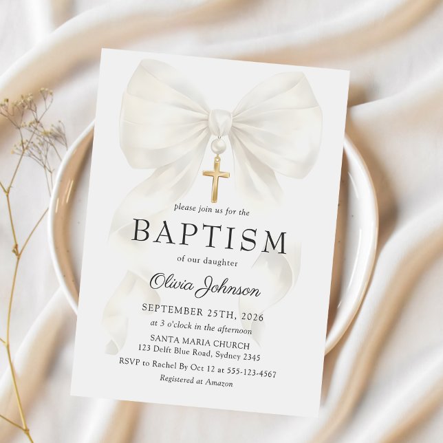 Invitación Elegant White Bow Baptism Girl Invitation (Subido por el creador)