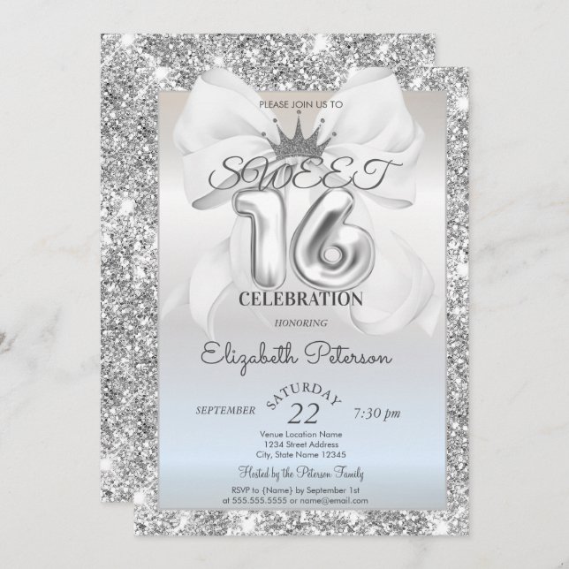 Invitación Elegant White Bow,Tiara,Silver Glitter Sweet 16  (Anverso / Reverso)