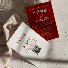 Invitación Elegant White Burgundy Minimalist QR Code Wedding