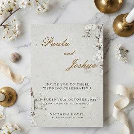 Invitación Elegant White Cherry Blossom & Gold Script Wedding