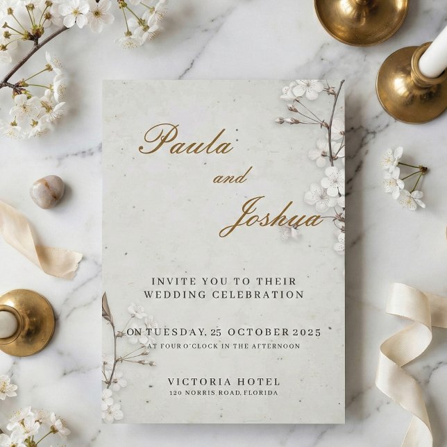 Invitación Elegant White Cherry Blossom & Gold Script Wedding (Subido por el creador)