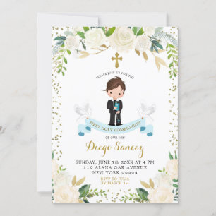 Invitación Elegant White Floral Boy First Holy Communion