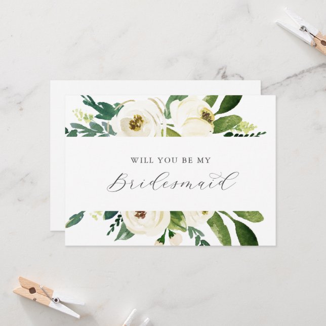 Invitación Elegant White Floral Bridesmaid Proposal Card (Anverso/Reverso In Situ)