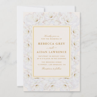Invitación Elegant White Floral Ivory Gold Border Wedding