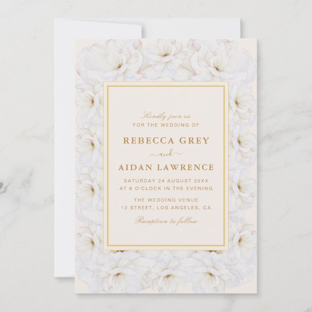 Invitación Elegant White Floral Ivory Gold Border Wedding (Anverso)