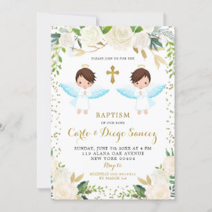 Invitación Elegant White Floral Twin Boy Baptism Invitation