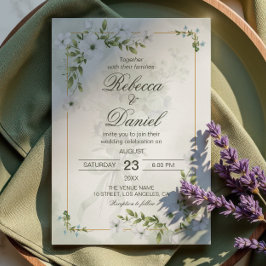 Invitación Elegant White Floral Wedding Greenery Gold Frame