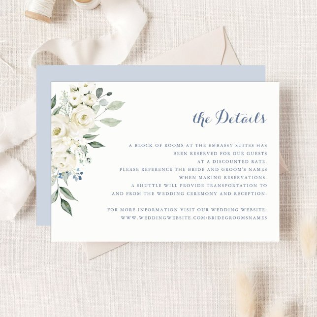Invitación Elegant White Flowers Dusty Blue Wedding Details (Subido por el creador)