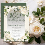Invitación Elegant White Gardenia Floral 100th Birthday Party<br><div class="desc">Celebrate a milestone birthday with timeless elegance. This sophisticated 100th birthday party invitation features a soft botanical frame of white gardenia and lily florals and delicate greenery surrounding a refined sage green background. The graceful oval frame and classic typography create a polished, upscale look perfect for a stylish birthday celebration....</div>
