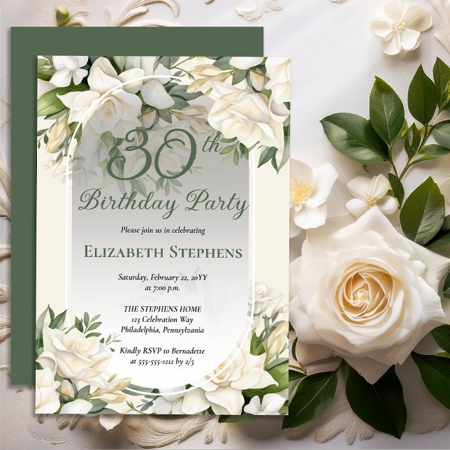 Invitación Elegant White Gardenia Floral 30th Birthday Party (Elegant White Gardenia Floral 30th Birthday Party Invitations -- Print | Digital Download)