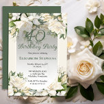 Invitación Elegant White Gardenia Floral 40th Birthday Party<br><div class="desc">Celebrate a milestone birthday with timeless elegance. This sophisticated 40th birthday party invitation features a soft botanical frame of white gardenia and lily florals and delicate greenery surrounding a refined sage green background. The graceful oval frame and classic typography create a polished, upscale look perfect for a stylish birthday celebration....</div>