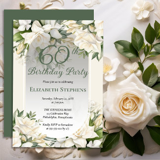 Invitación Elegant White Gardenia Floral 60th Birthday Party