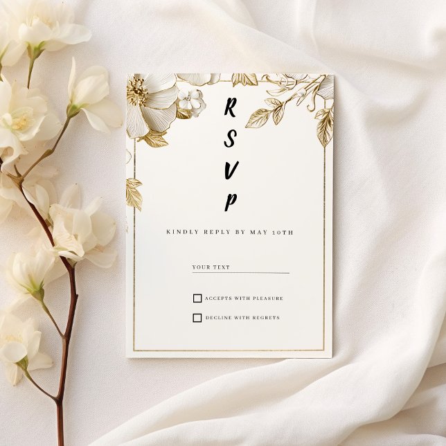 Invitación Elegant white gold flowers typography RSVP (Elegant white gold flowers typography RSVP )