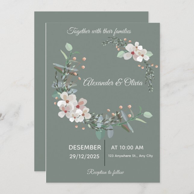 Invitación Elegant White & Green Wedding Invitation (Anverso / Reverso)