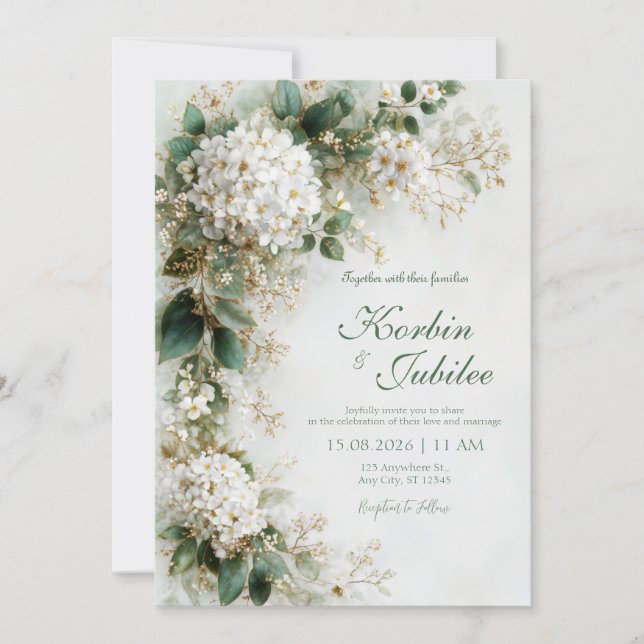 Invitación Elegant White Hydrangea Gold Botanical Wedding (Anverso)