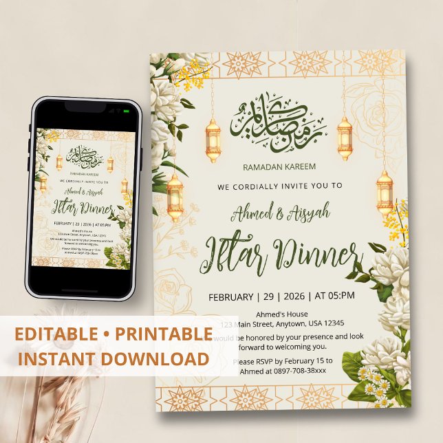 Invitación Elegant White Jasmine Floral Ramadan Iftar (Subido por el creador)