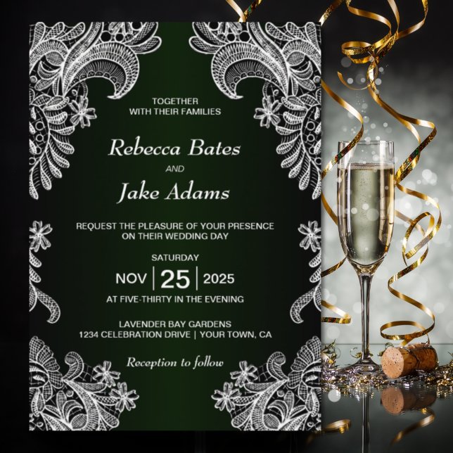 Invitación Elegant White Lace Green Wedding (Subido por el creador)