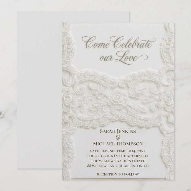 Invitación Elegant White Lace Wedding Invitation (Anverso / Reverso)