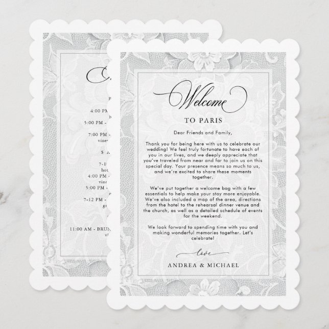 Invitación Elegant White Lace Wedding Welcome Itinerary Card (Anverso / Reverso)