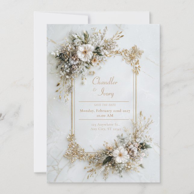 Invitación Elegant White Marble Gold Floral Geometric Wedding (Anverso)