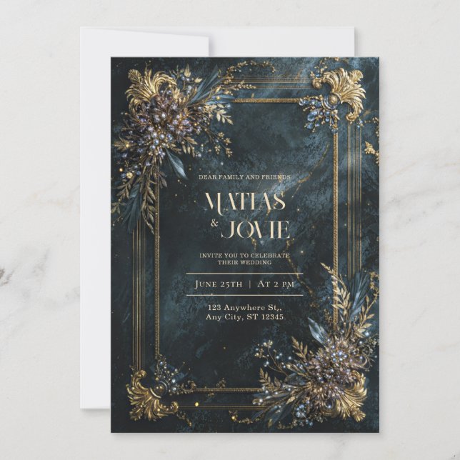 Invitación Elegant White Marble Gold Geometric Floral Wedding (Anverso)