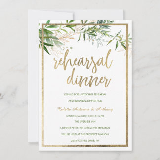 Invitación Elegant white mint gold foliage Rehearsal Dinner
