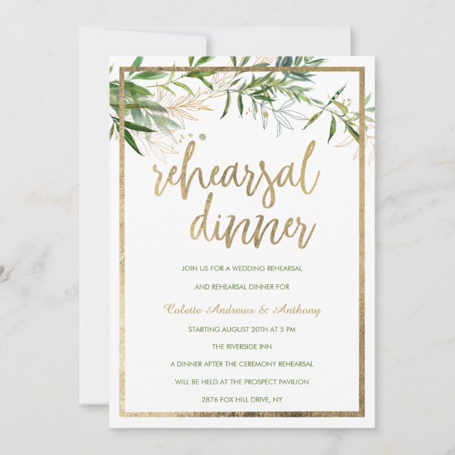 Invitación Elegant white mint gold foliage Rehearsal Dinner (Anverso)