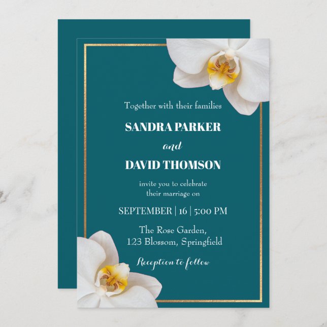 Invitación elegant white orchid blooms wedding (Anverso / Reverso)