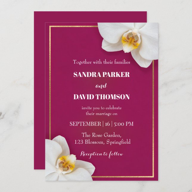 Invitación elegant white orchid blooms wedding (Anverso / Reverso)