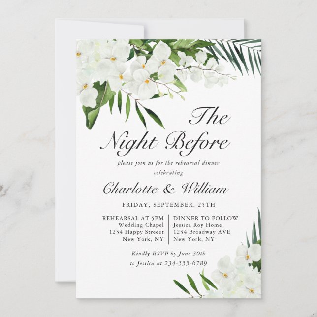Invitación Elegant White Orchids Bohemian REHEARSAL DINNER (Anverso)